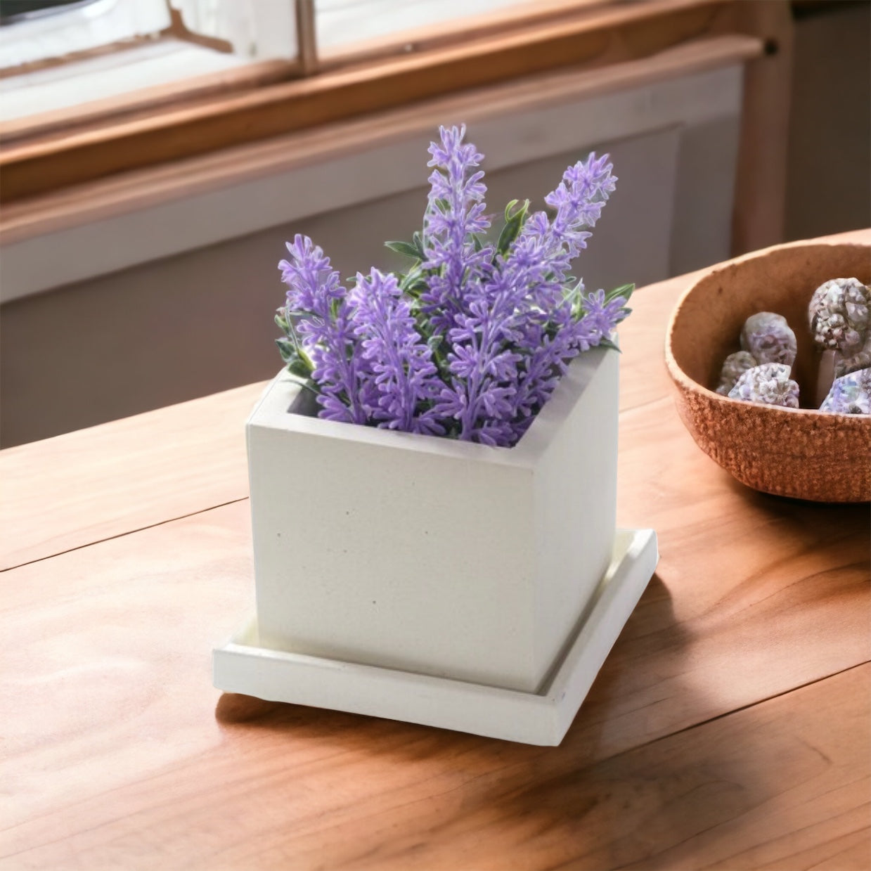 Pot de fleurs carré en béton blanc avec soucoupe et drainage