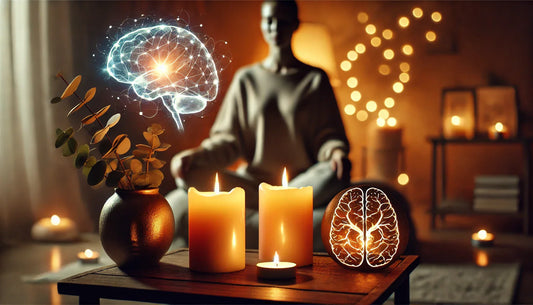 une personne qui se détend dans une ambiance zen avec des bougies et lumière tamisée