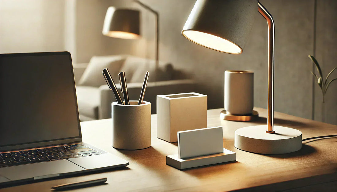Bureau soigné avec des accessoires en béton 