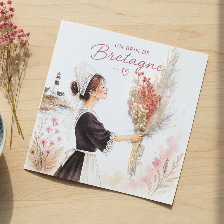 Carte Brin de Bretagne avec fleurs séchées, carte de vœux artisanale double avec enveloppe.