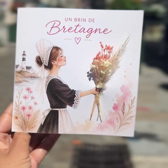Carte Brin de Bretagne avec fleurs séchées, carte de vœux artisanale double avec enveloppe.